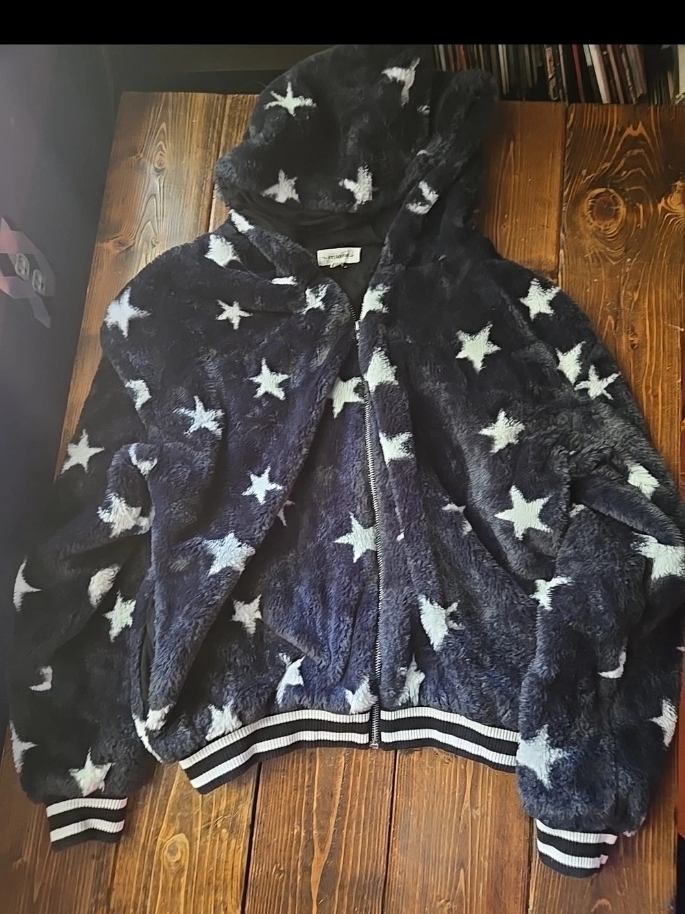 eesome Navy Blue Faux Fur Star Print Hooded Bomber Jacket